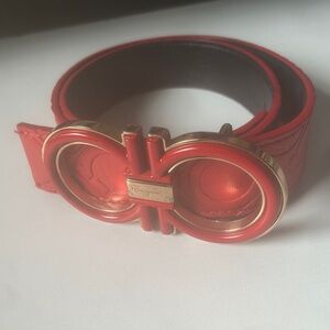 Salvatore Ferragamo Red Gold Leather Belt with Decorative Buckle